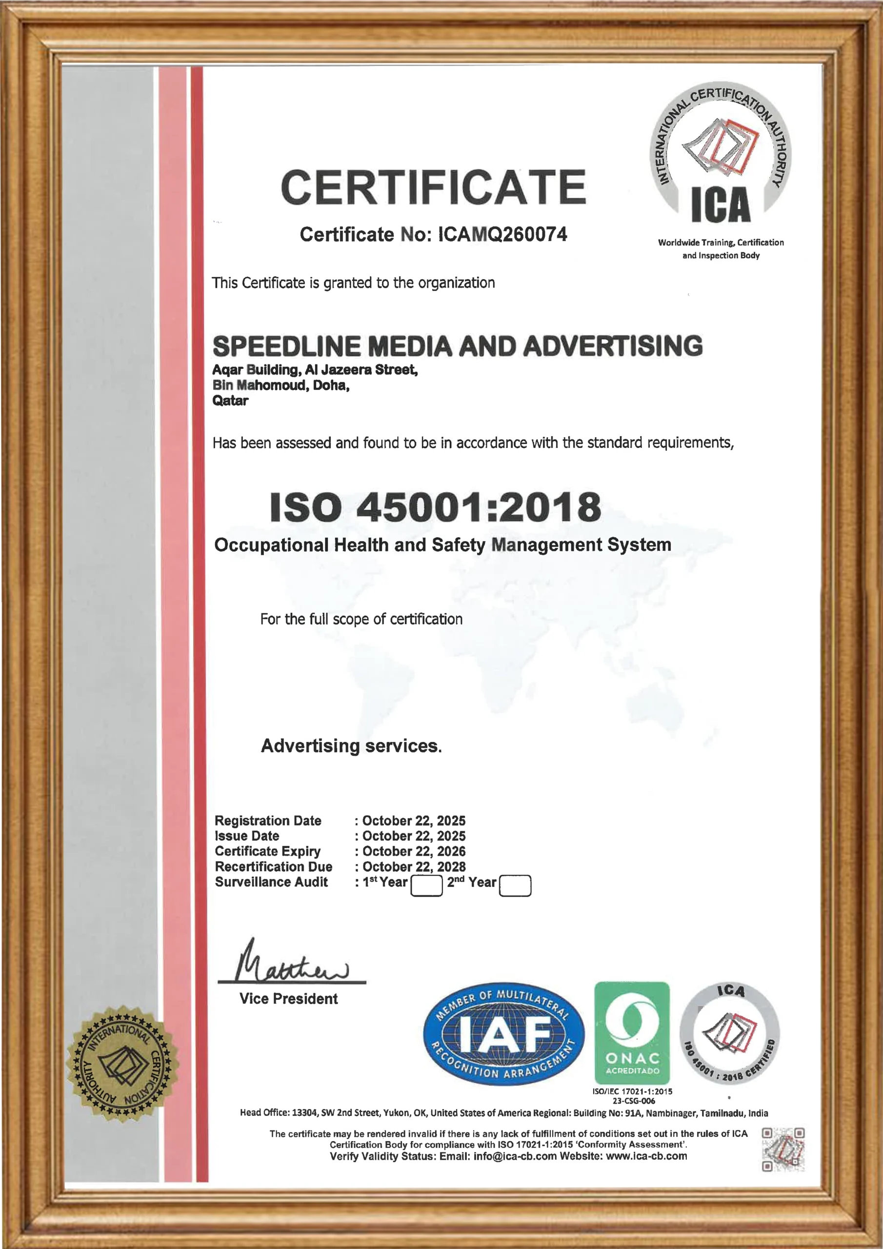 ISO Certification of Speedline Media And Advertising