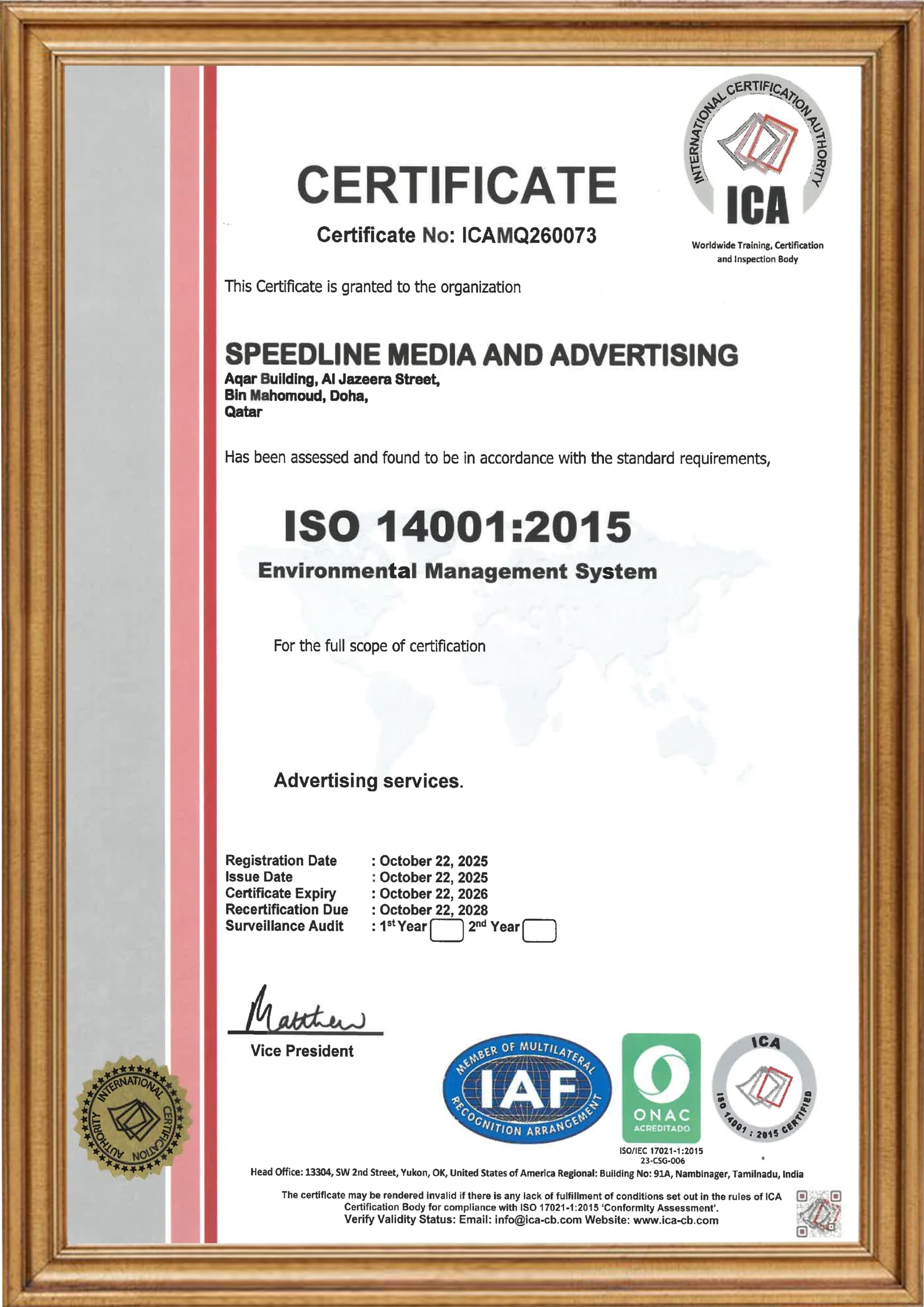ISO Certification of Speedline Media And Advertising