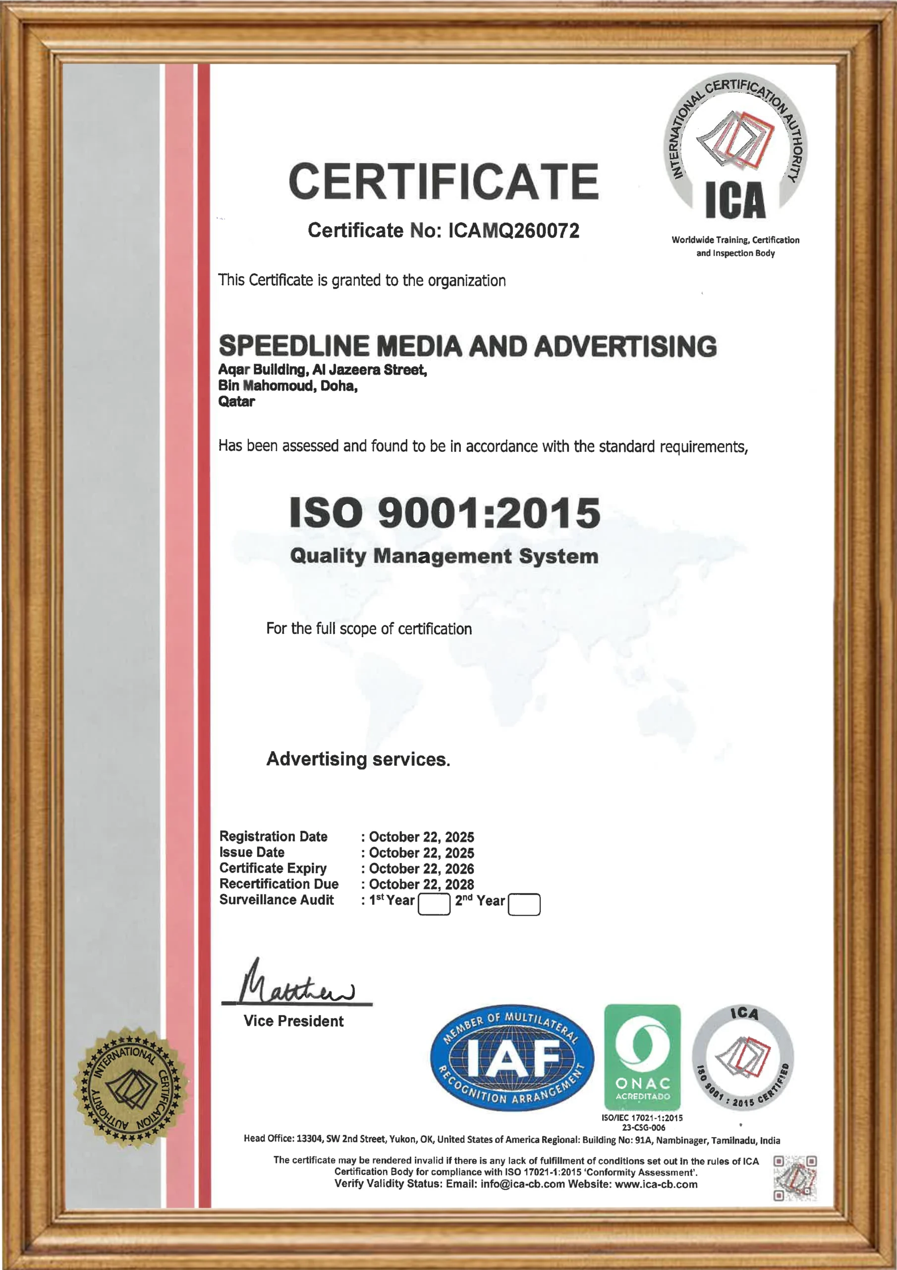 ISO Certification of Speedline Media And Advertising
