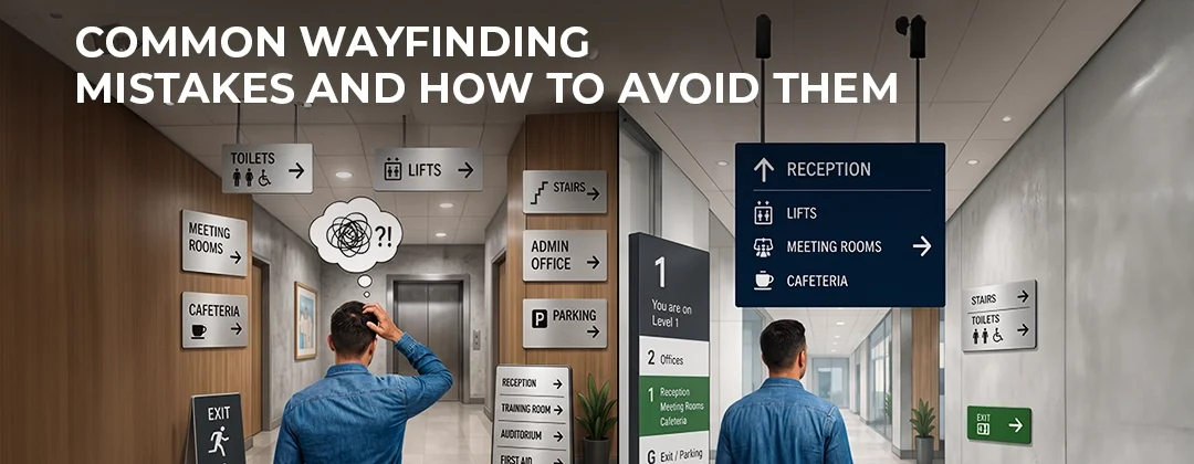 Common wayfinding mistakes and how to avoid them - confusing cluttered signage versus clear organized directional signs in an office corridor