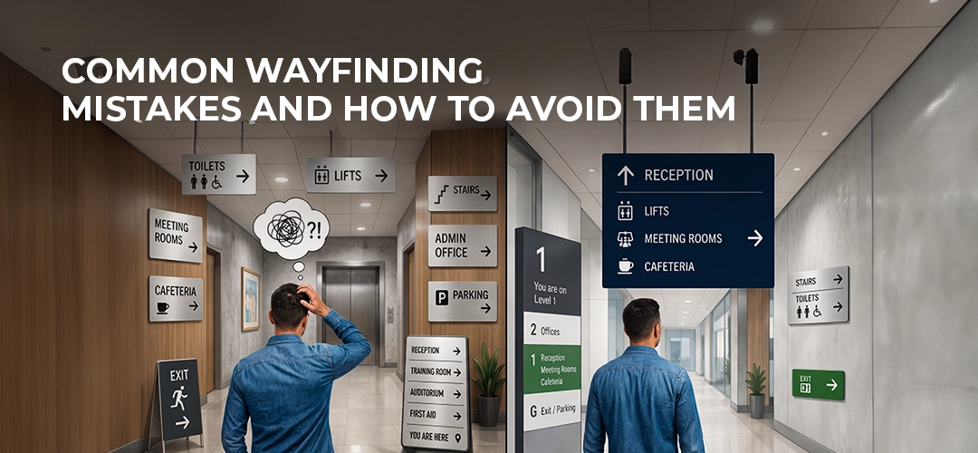 Common wayfinding mistakes and how to avoid them - confusing cluttered signage versus clear organized directional signs in an office corridor