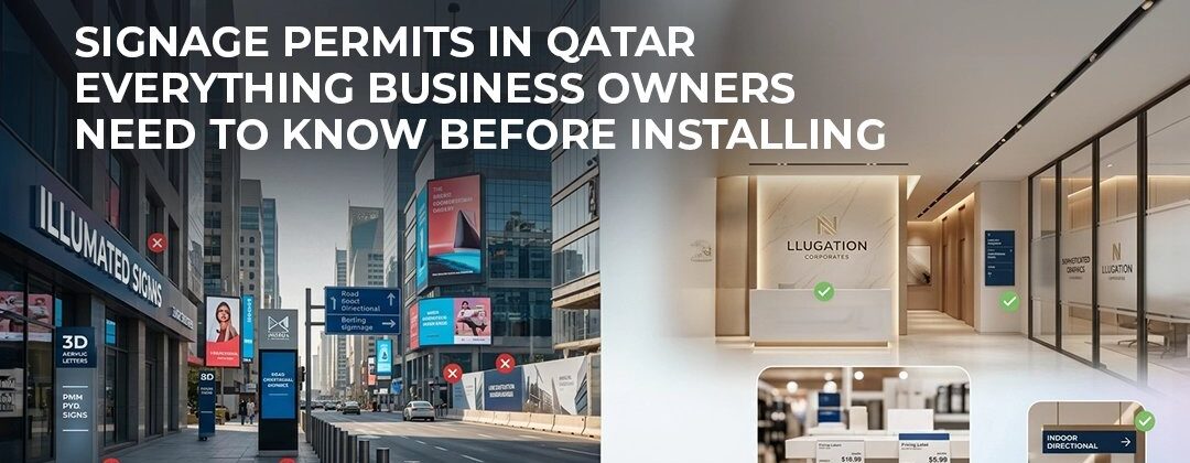Signage permits in Qatar - examples of non-compliant outdoor billboards versus approved compliant signage installed in a corporate office in Doha