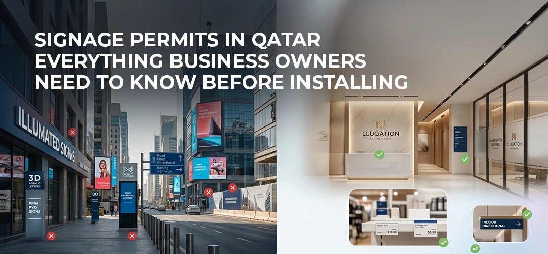 Signage permits in Qatar - examples of non-compliant outdoor billboards versus approved compliant signage installed in a corporate office in Doha
