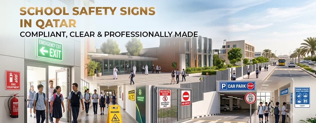 Compliant and clear school safety signs installed across a Qatar campus