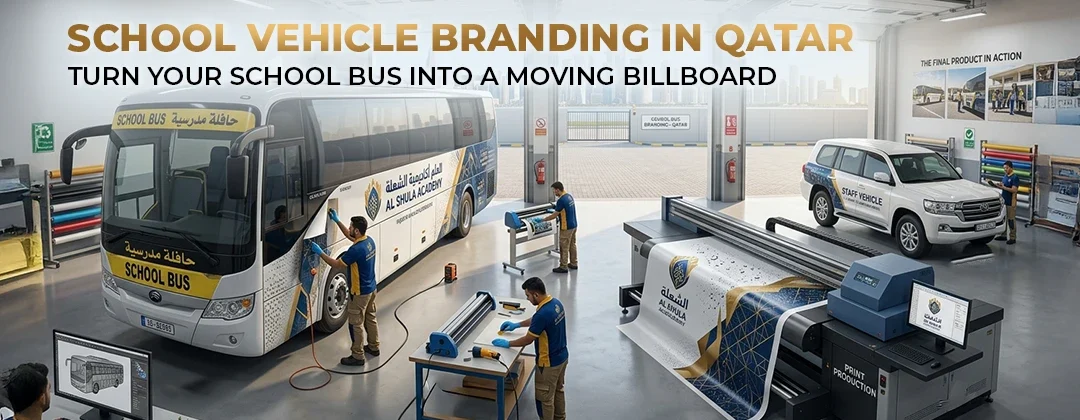 School vehicle branding turning a school bus into a moving billboard in Qatar