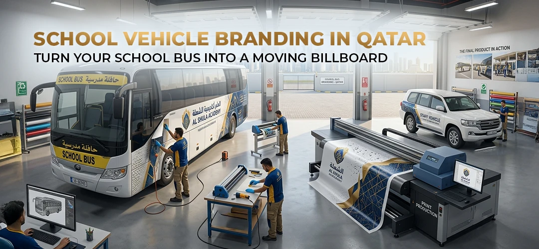 School vehicle branding turning a school bus into a moving billboard in Qatar