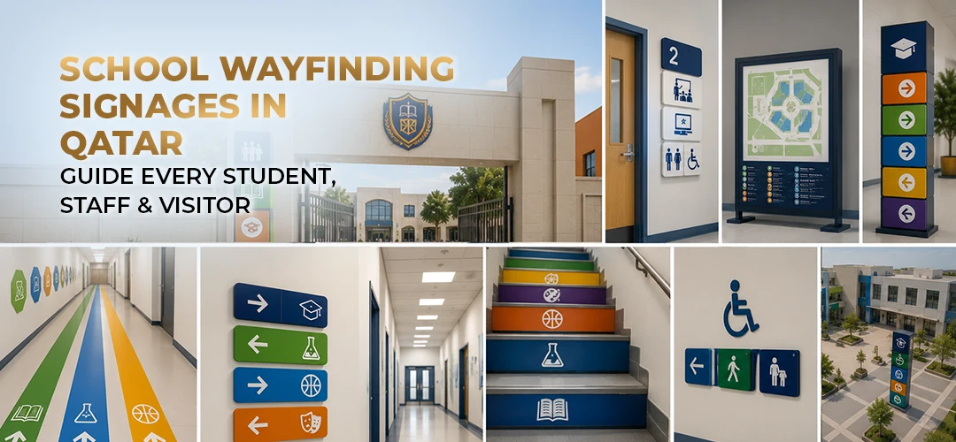 School wayfinding signages in Qatar guiding students, staff and visitors